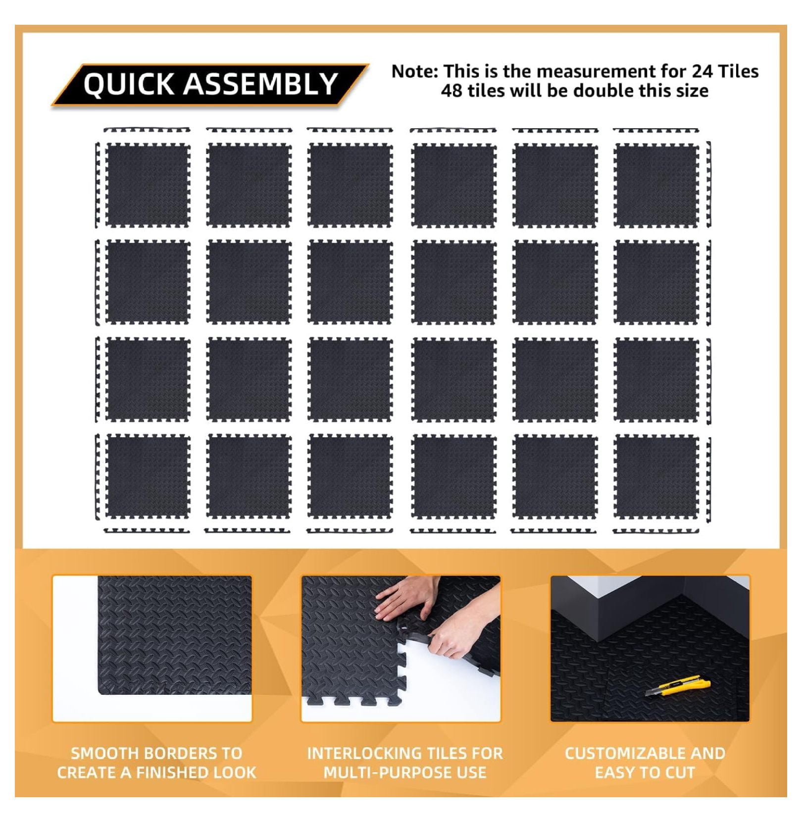 24 Pack - 1/2" Extra Thick Floor for Home Gym Floor Padding for Kids - High-Density Interlocking Foam Floor Tiles for Gym Equipment, Play Area, Yoga, Cardio, Weights, MMA Black 12" x 12"