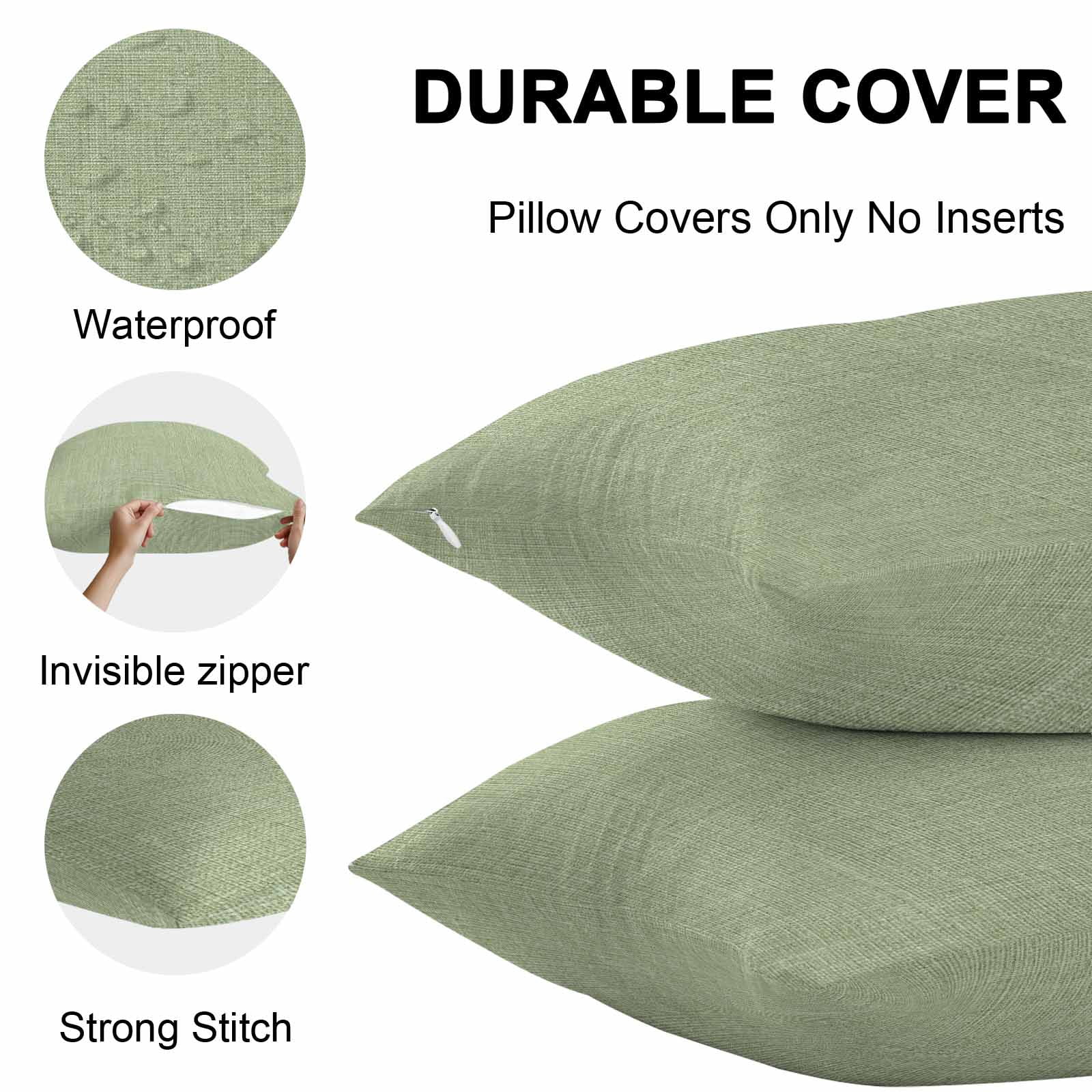 Outdoor Waterproof Throw Pillow Covers Set of 2 Sage Green Linen Texture Decorative Pillowcases Square Outdoor Pillows Cushion Case 16x16 Inch Farmhouse Solid Color Patio Pillows for Couch Sofa Bed