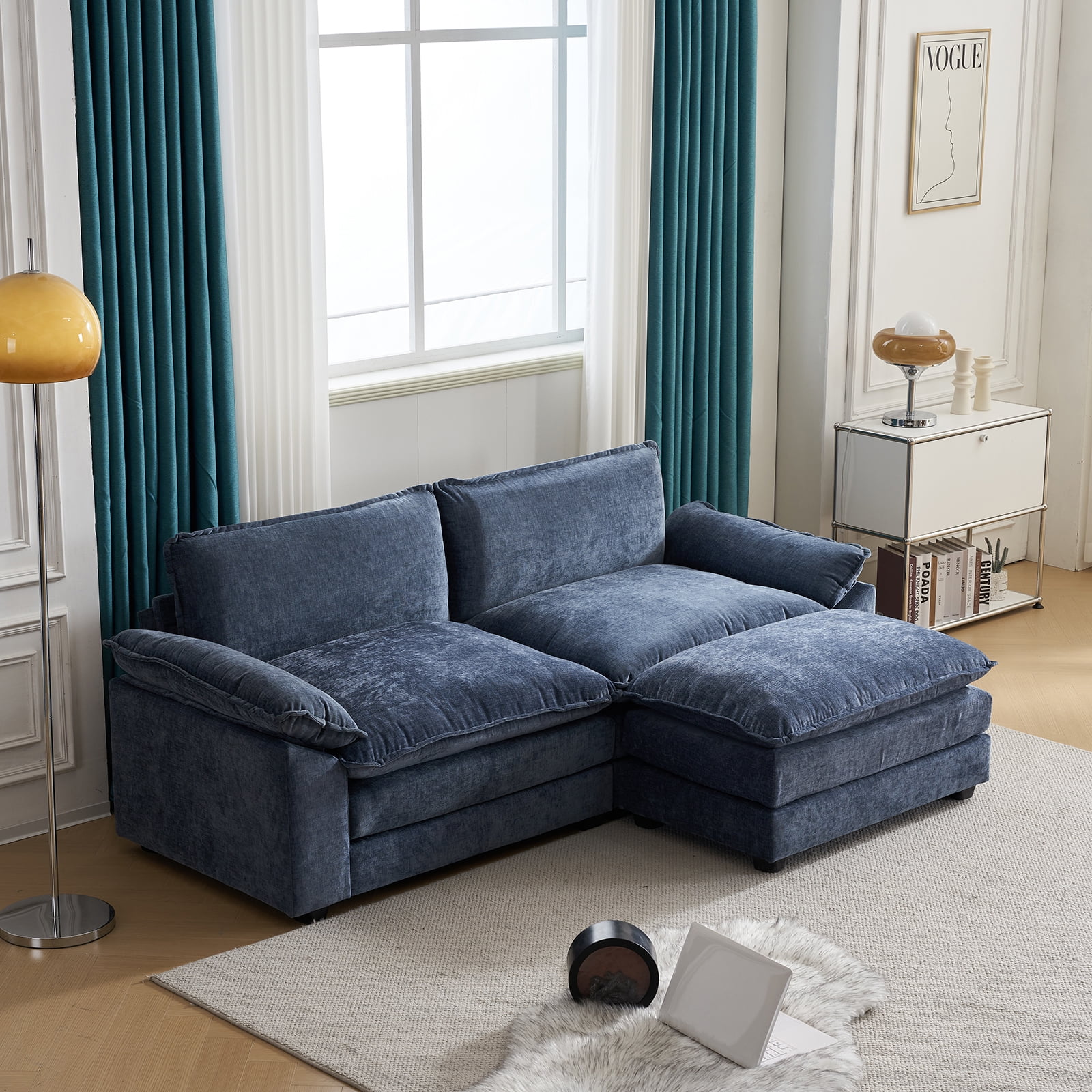 Zimtown Sectional Sofa with Ottoman, L Shaped Convertible Couch with Removable Chaise Chenille Fabric Sofa Set for 3-4 Persons Living Room Furniture Gray-Blue