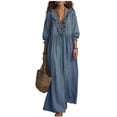 thumbnail image 2 of Dolkfu Cotton Blend Women'S Dresses V-Neck Petal 3/4 Sleeve Blue Maxi Peasant Dresses Retro Vintage Modern Solid Relaxed Fit Dresses Blue,L, 2 of 5