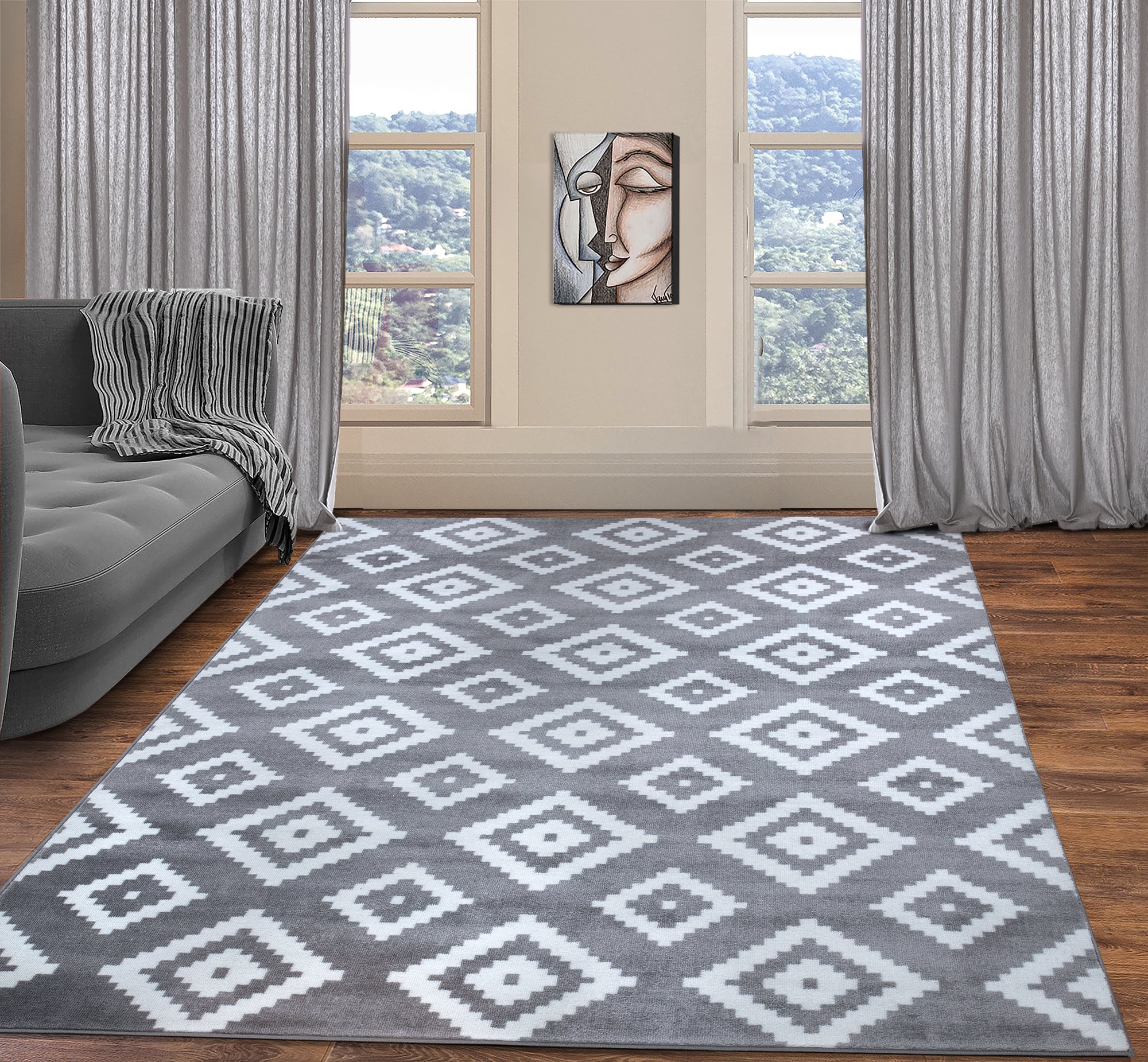 Modern Geometric Rug Beige Grey Thick Pile Room Carpet 80x150 120x170 160x230 