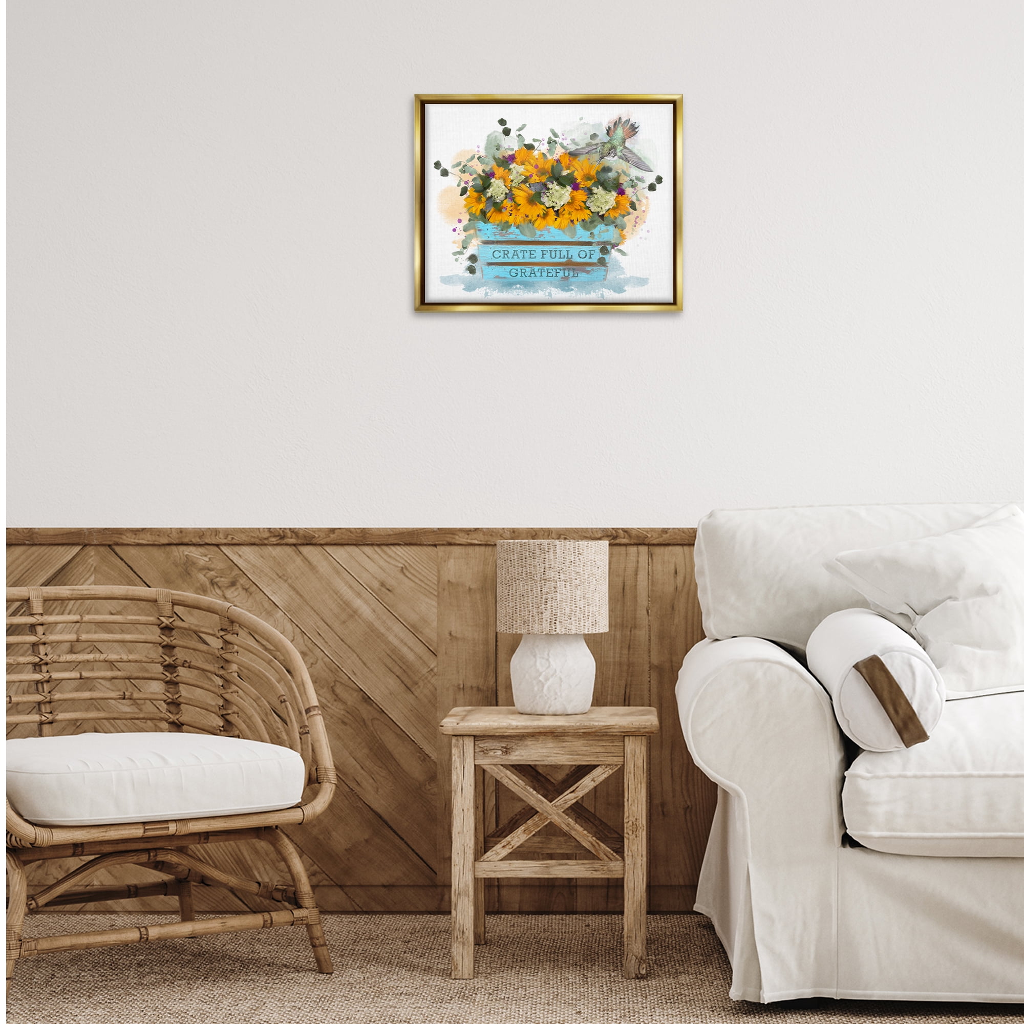 Stupell Industries Crate Full Of Grateful Botanical & Floral Painting Gold Floater Framed Canvas Art Print Wall Art, 21 x 17