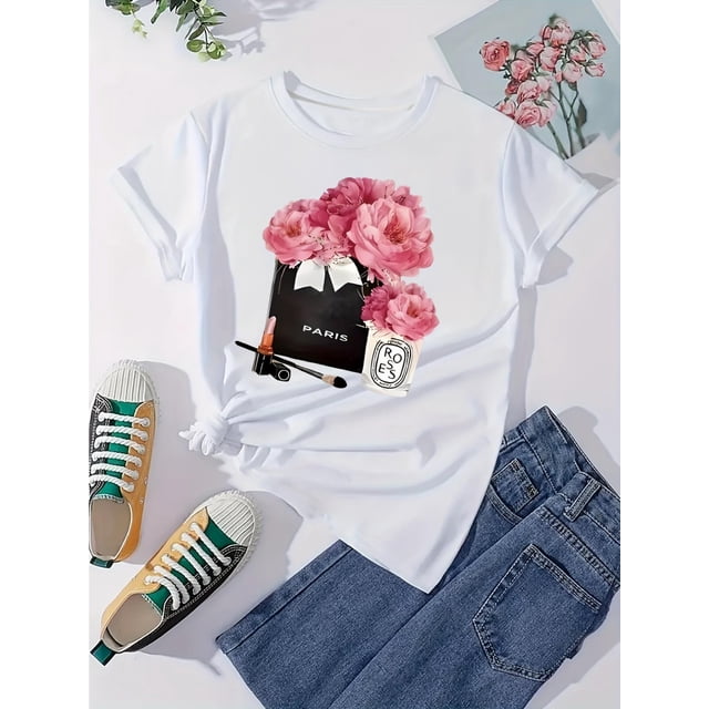 1pc Women's Paris Rose Floral & Cosmetic Print Casual T-Shirt - Light Grey Short Sleeve Round Neck Top, Machine Washable All-Season Versatile Tee for Casual Attire or Gift