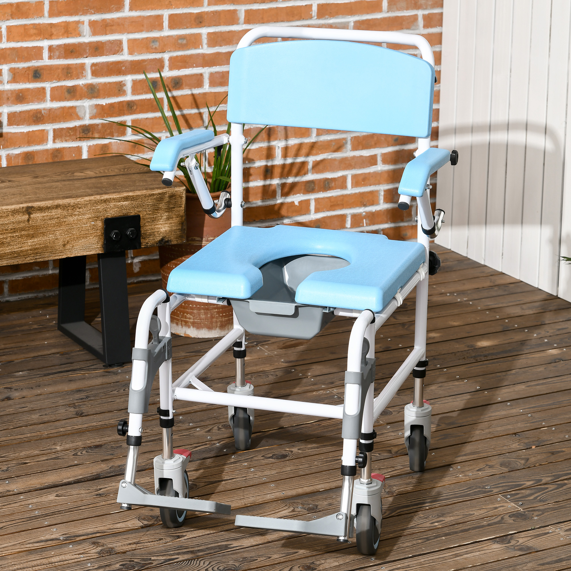 HomCom Accessibility Commode Wheelchair with 4 Castor Wheels, Blue