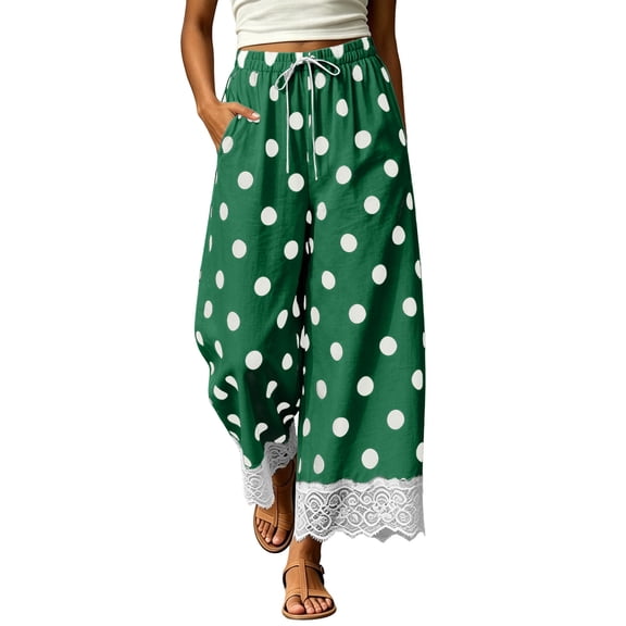 ZToonmas Polka Dot Wide Leg Pants for Women Lace Hem Drawstring Elastic Waist Y2K Casual Pants with Pockets
