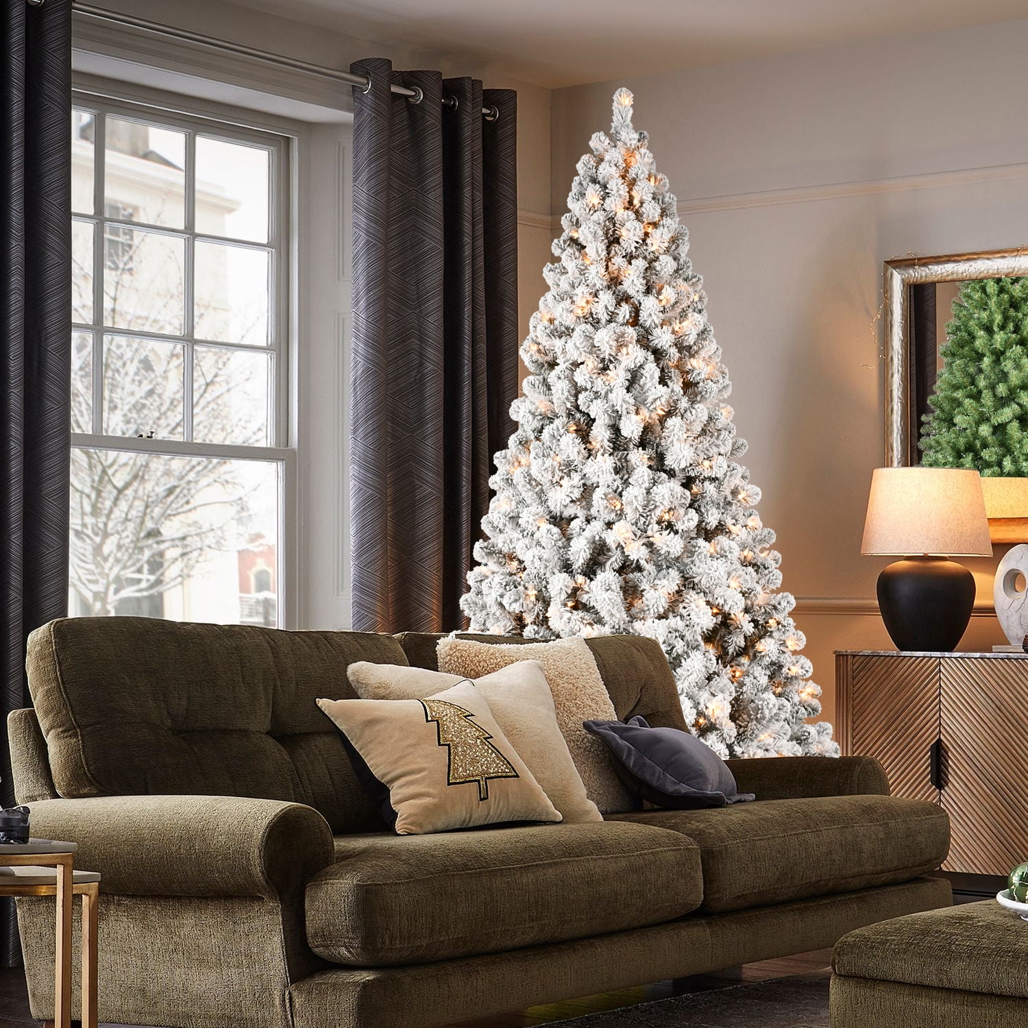 Euroco 8ft Flocked Pre-Lit Christmas Tree with 500 UL Warm White Lights, 1460 PVC Tips, Auto-Unfold Memory Wire, Easy Assembly & Stable Metal Stand – Snowy Holiday Decor