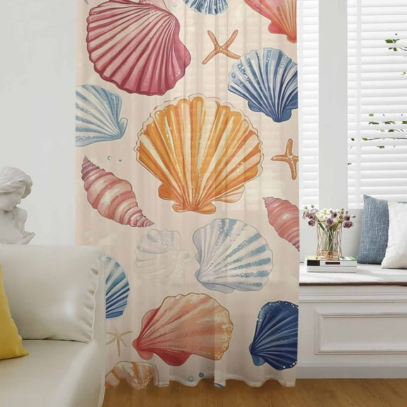 Orange Blue Pink Coastal Semi Sheer Curtains Drapes for Living Room, Bedroom, French Doors Window 96 Inches Long, Summer Nautical Shell Beach Rod Pocket Chiffon Curtain Drapery Voile Draperies Panel