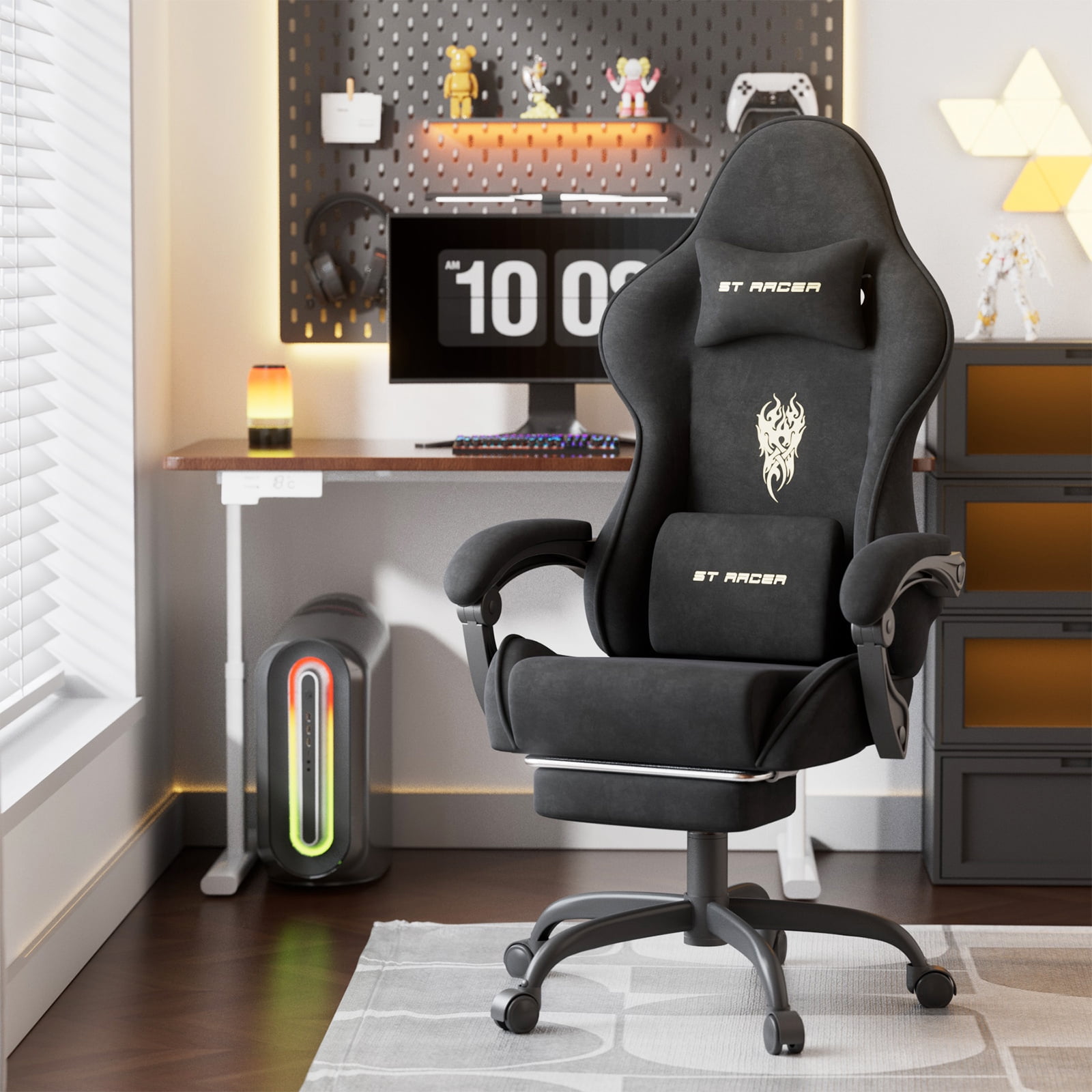 Lointain Velvet Fabric Gaming Chair with Footrest, Ergonomic Gamer Chair for Adult, Reclining Office Chair, High Back Compute Chair with Massage, Racing Video Game Chairs for Home Office (Black)