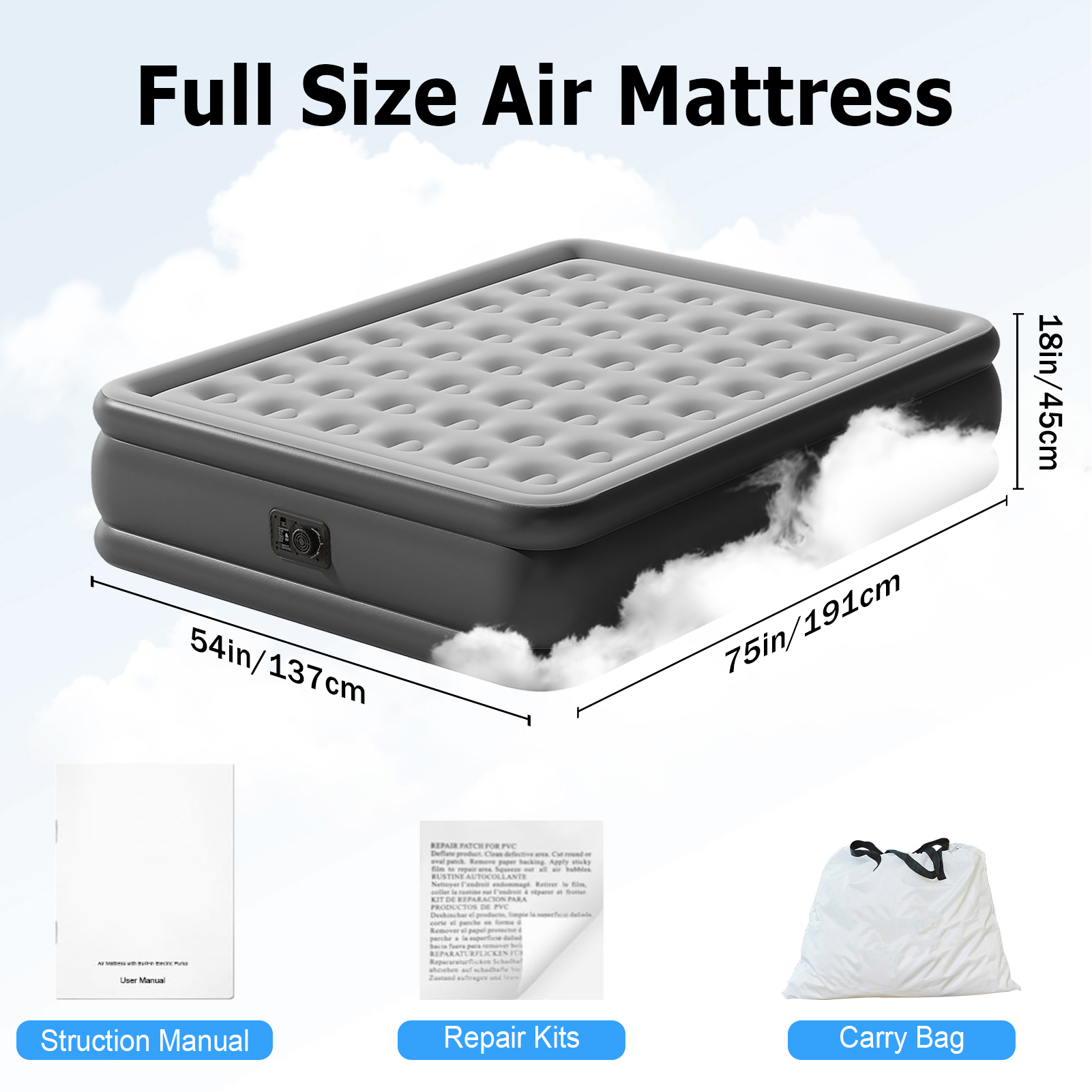 Full Air Mattress with Built-in Pump 18" Top Flocking,Raised Comfort,Fast Inflation/Deflation Foldable Portable Air Bed with Storage Bag for Home,Camping,Guests Gray