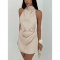 thumbnail image 3 of Khaki Solid High Neck Sleeveless Mini Dress, Elegant Slip Style For Party Or Vacation, 3 of 6
