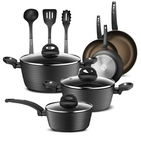 

NutriChef Kitchenware Pots & Pans Kitchen Cookware Stylish Metallic Ridge-Line Pattern Non-Stick (12-Piece Set) One Size Gray