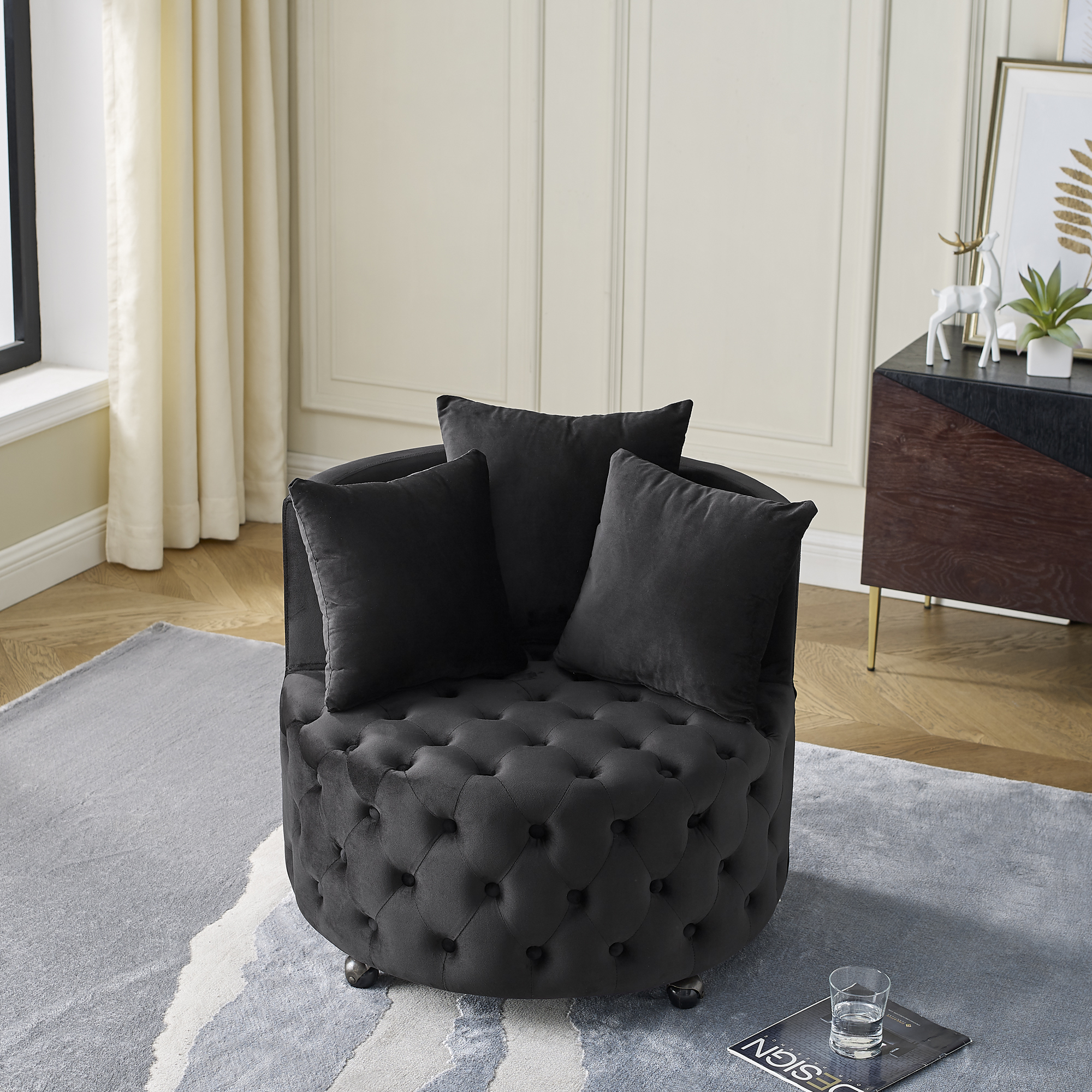 DEALTOPS Velvet Upholstered Swivel Chair for Living Room, with Button Tufted Design and Movable Wheels, Including 3 Pillows-Black