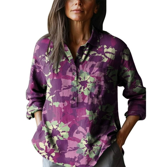 Cqxid525 Ladies Tops And Blouses Women's Retro Floral Art Print Casual Long Sleeve Comfortable Cotton Shirt Green L Summer Tops