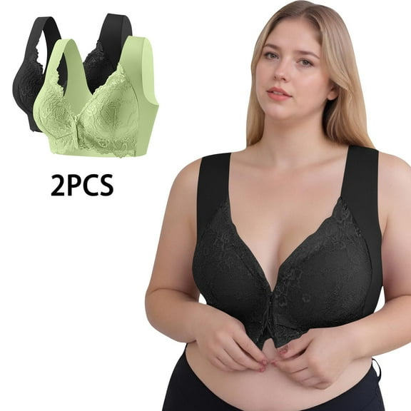 qolati 2 Pack Lace Front Closure Bras for Women Seamless Bras Oversize Sports Bras Push Up No Underwire Supportive Bra for Seniors Plus Size Full Coverage Everyday Wear Bras