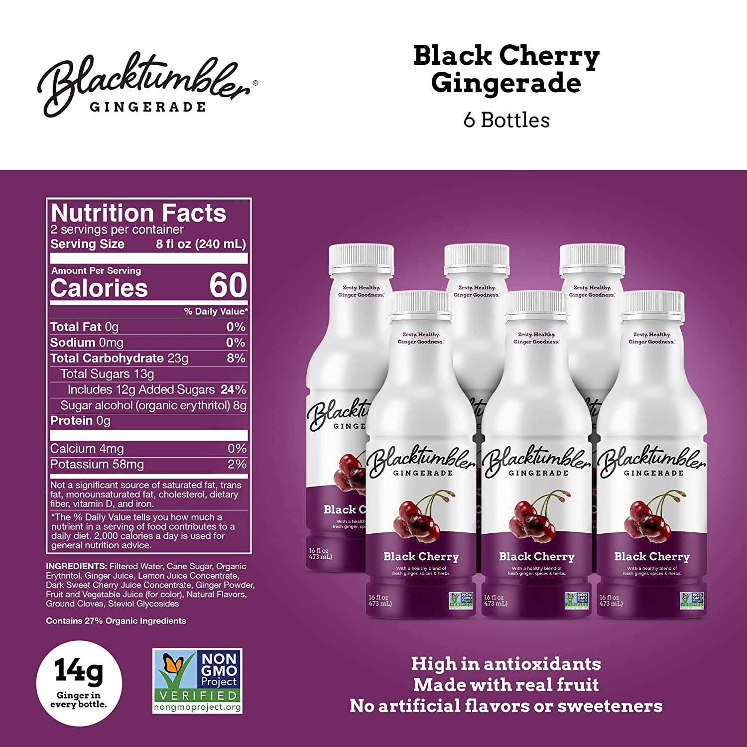 Blacktumbler Gingerade - 16 Oz. Each - Non Carbonated Ginger Drink 6 Pack Made with Pure Ginger Juice Real Herbs & Spices, Also Used as a Mixer (Black Cherry)