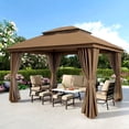 thumbnail image 2 of Vitarpatio 10'x13' Outdoor Patio Gazebo with Double Roof, Mosquito Netting & Privacy Curtains, Outdoor Gazebo Tent Metal Frame Heavy Duty Backyard Canopy Shelter, Brown, 2 of 11