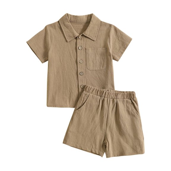 Toddler Baby Boys 2PCS Clothes Solid Color Cotton Linen Button Down Shirt Top And Shorts Summer Outdoor Casual Suit