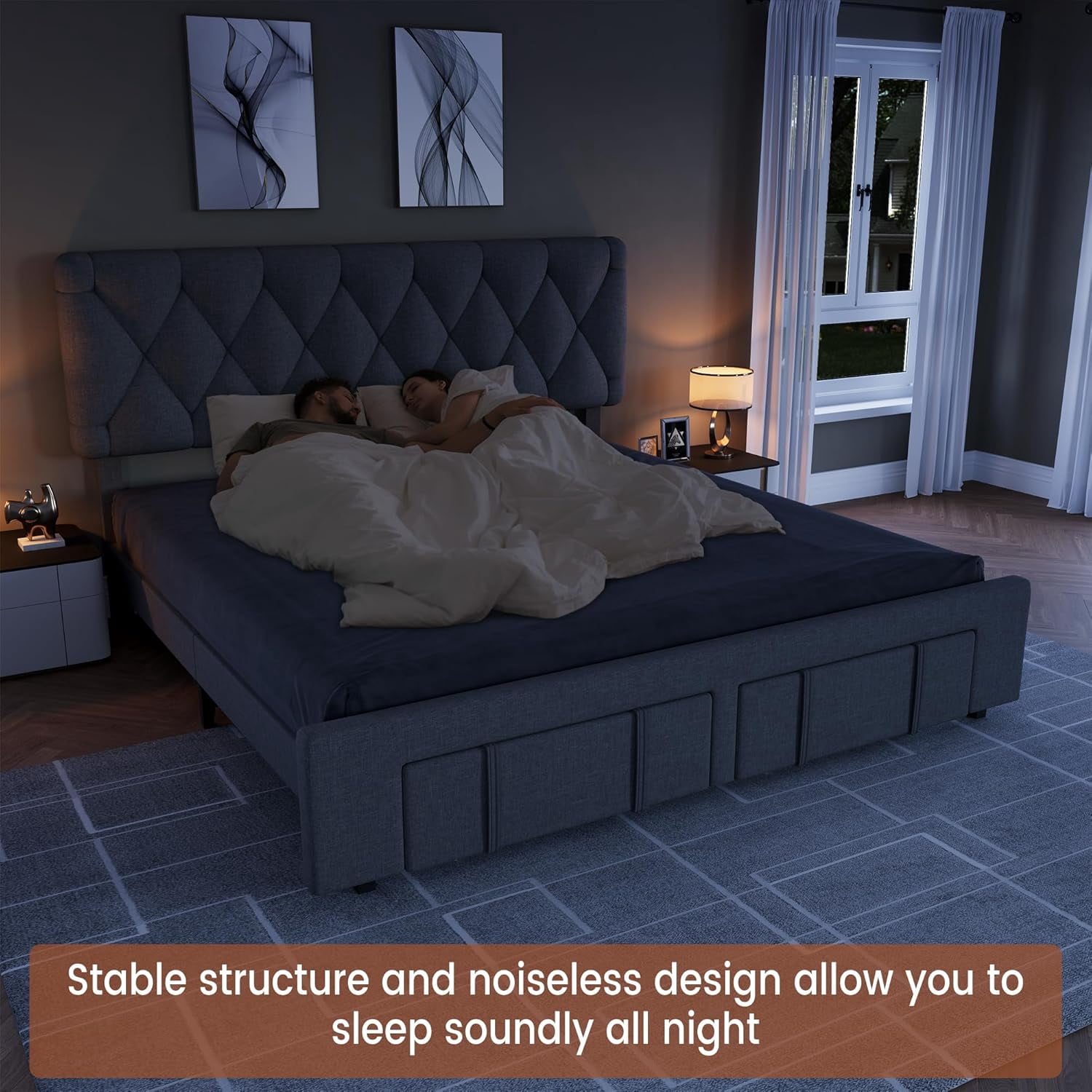 Full/Queen/King Size Bed Frame 2 Storage Drawers,Modren Upholstered Platform Bed Frame with Solid Wooden Slats Supports,No Box Spring Needed