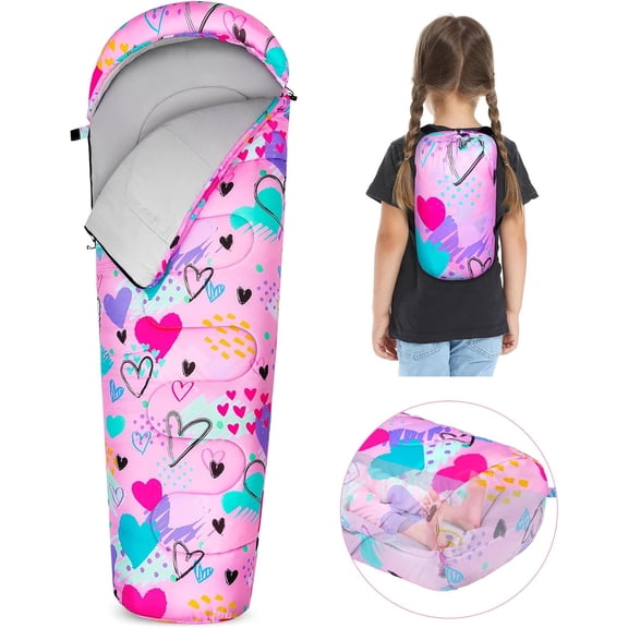 Kids 3-Season Sleeping Bag for Ages 4-12 Pink Love