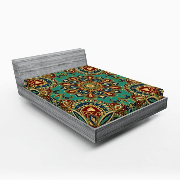 Ambesonne Mandala Fitted Sheet, Oriental, Queen Size, Teal Indigo Ruby