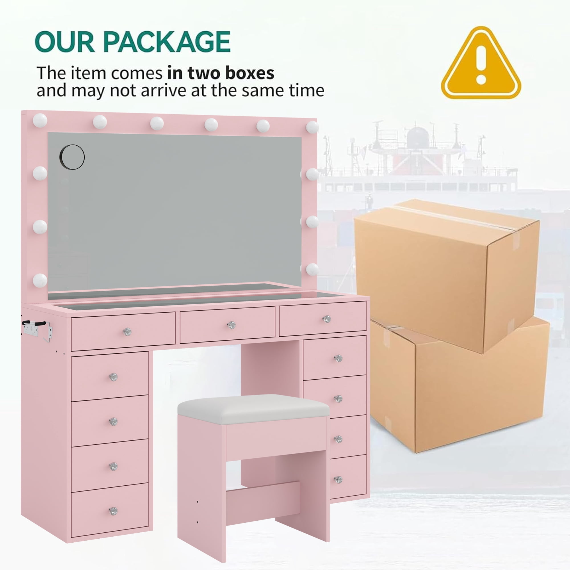 Yanosaku Vanity Desk with Mirror, 12 LED Lights, 11 Drawers, Chair, 3 Lighting Modes, Adjustable Brightness, Pink