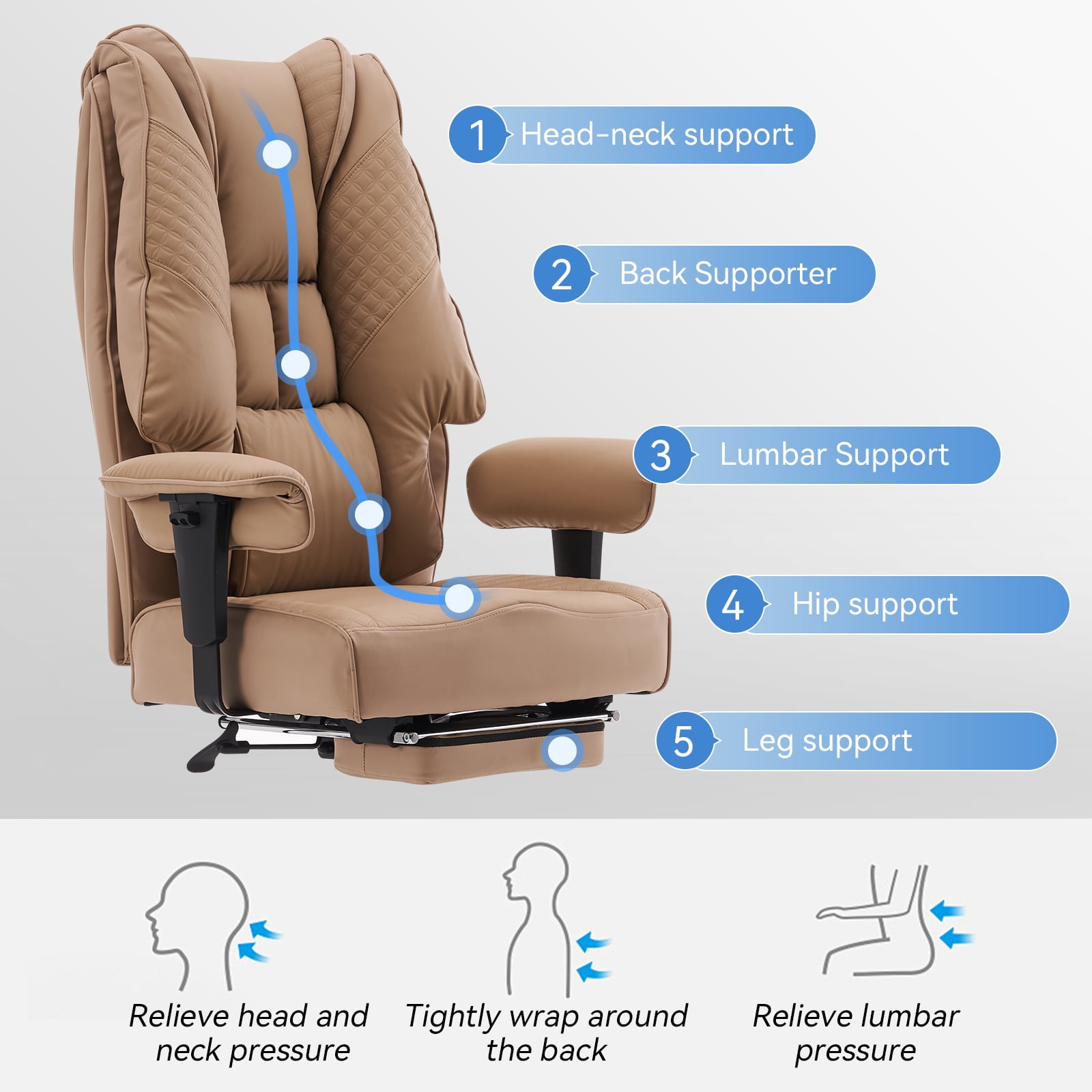 ATMILD High Back Ergonomic Office Chair Big and Tall Leather Executive Computer Desk Chair with Footrest, Brown