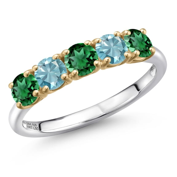 Gem Stone King 925 Silver and 10K Yellow Gold Green Nano Emerald and Blue Zircon Wedding-Bands Ring for Women | 1.90 Cttw | Round 4MM | Gemstone May Birthstone | Size 7
