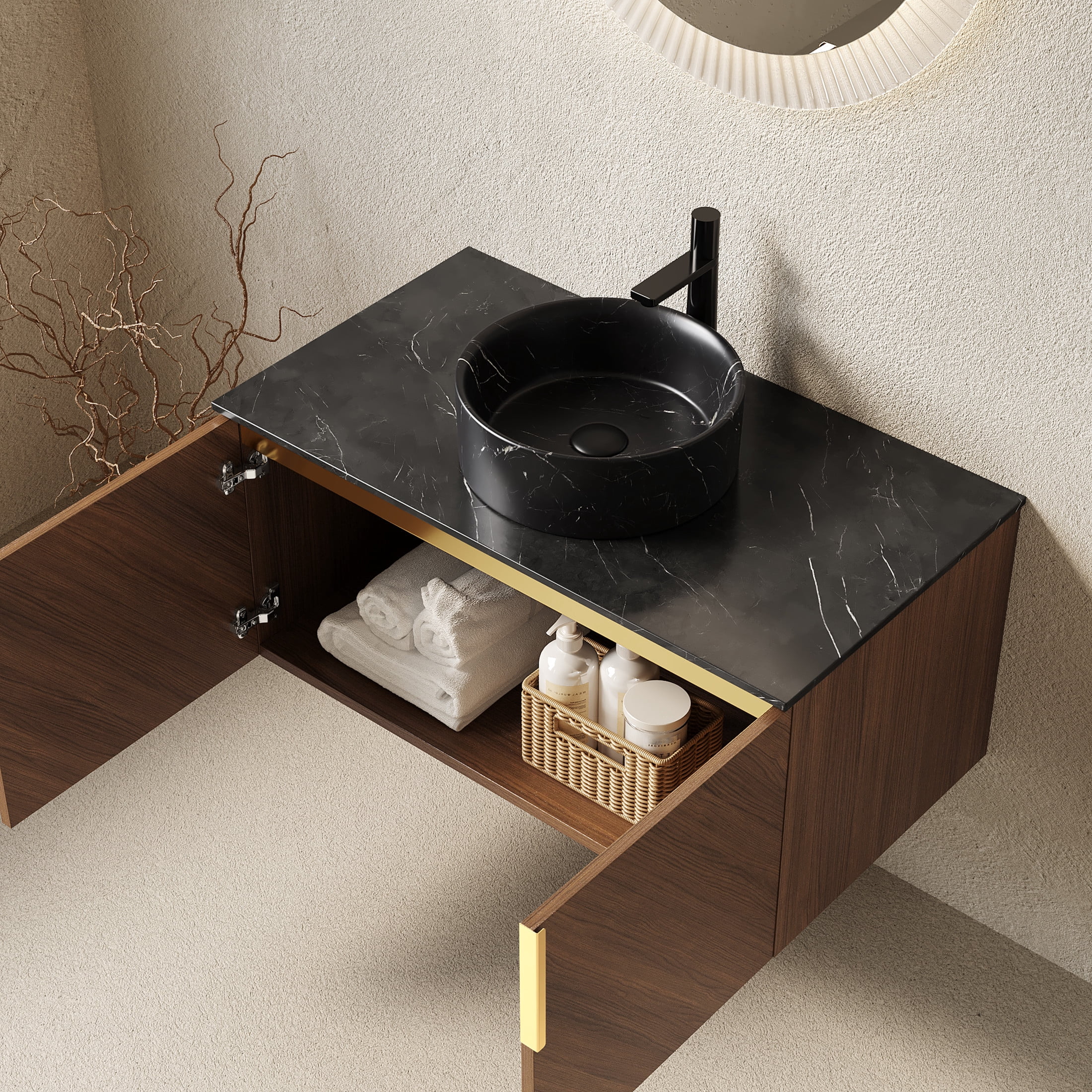 Noble House ARAI 36" Floating Bathroom Vanity, Sintered Stone Top Storage Cabinet with Black Round Vessel Sink, Oak