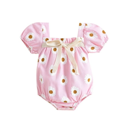 

Infant Baby Girl Summer Romper Daisy Print Square Neck Short Sleeve Bodysuit Casual Streetwear