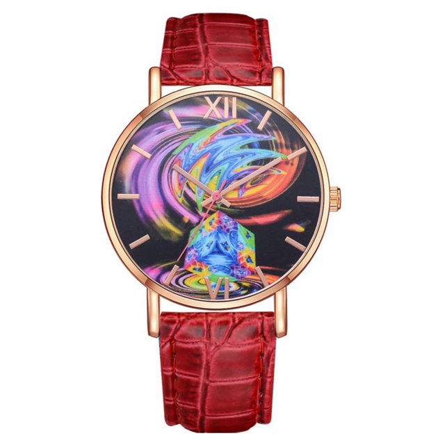 Caja de aleación Correa de PU Movimiento de cuarzo Reloj de pulsera analógico con esfera redonda Rojo