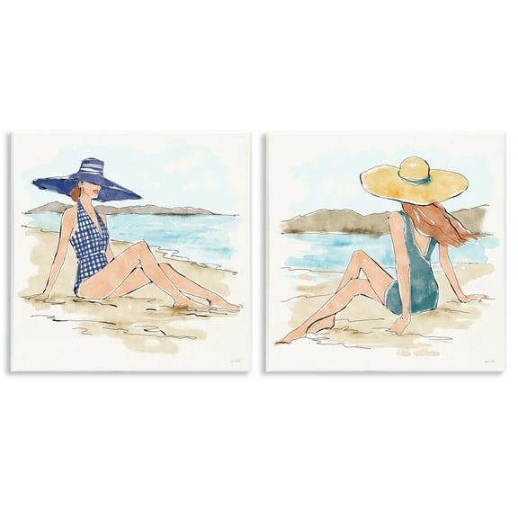Stupell Industries Bathing Beauties on Beach People Painting Unframed Art Print Wall Art, 12 x 12, Set of 2