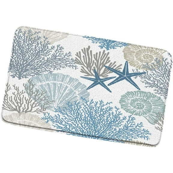 Nautical Coastal Bath Mat Starfish Seashell Coral Reef Bathroom Rugs Vintage Ocean Beach Themed Marine Life Non-Slip Carpet Bedroom Kitchen Indoor Floor Decor 17.8x29.5 in