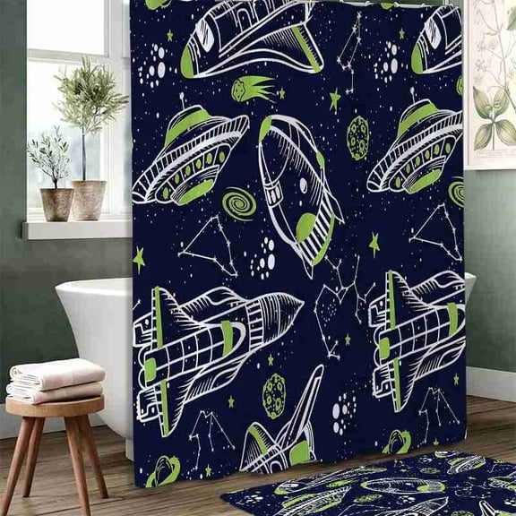 70x70 inch Navy Blue Space Shower Curtain, Neon Green Starship and Constellation Print, Waterproof Polyester Fabric with Hooks for Bathroom Decor