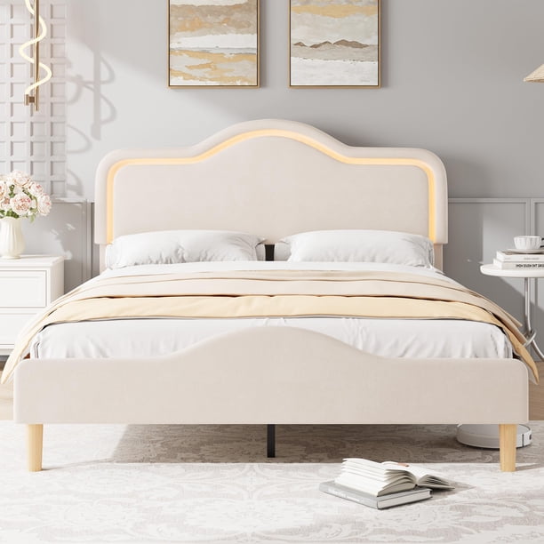 QinaQin Base de cama tapizada en terciopelo estilo princesa, con cabecera y piecera LED ajustables, soporte de madera y diseño ideal para niñas o niños