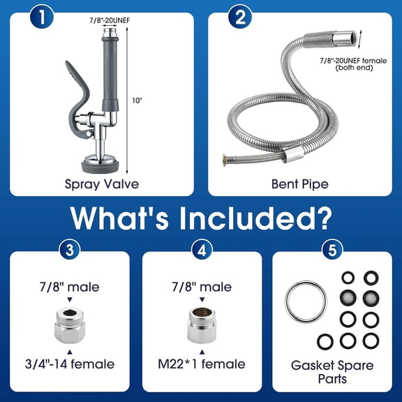Spray Valve with 44" Pre Rinse Hose, Pre Rinse Sprayer with Stainless-Steel Hose Replacement Kit for Commercial Kitchen Sink Faucet - Gray