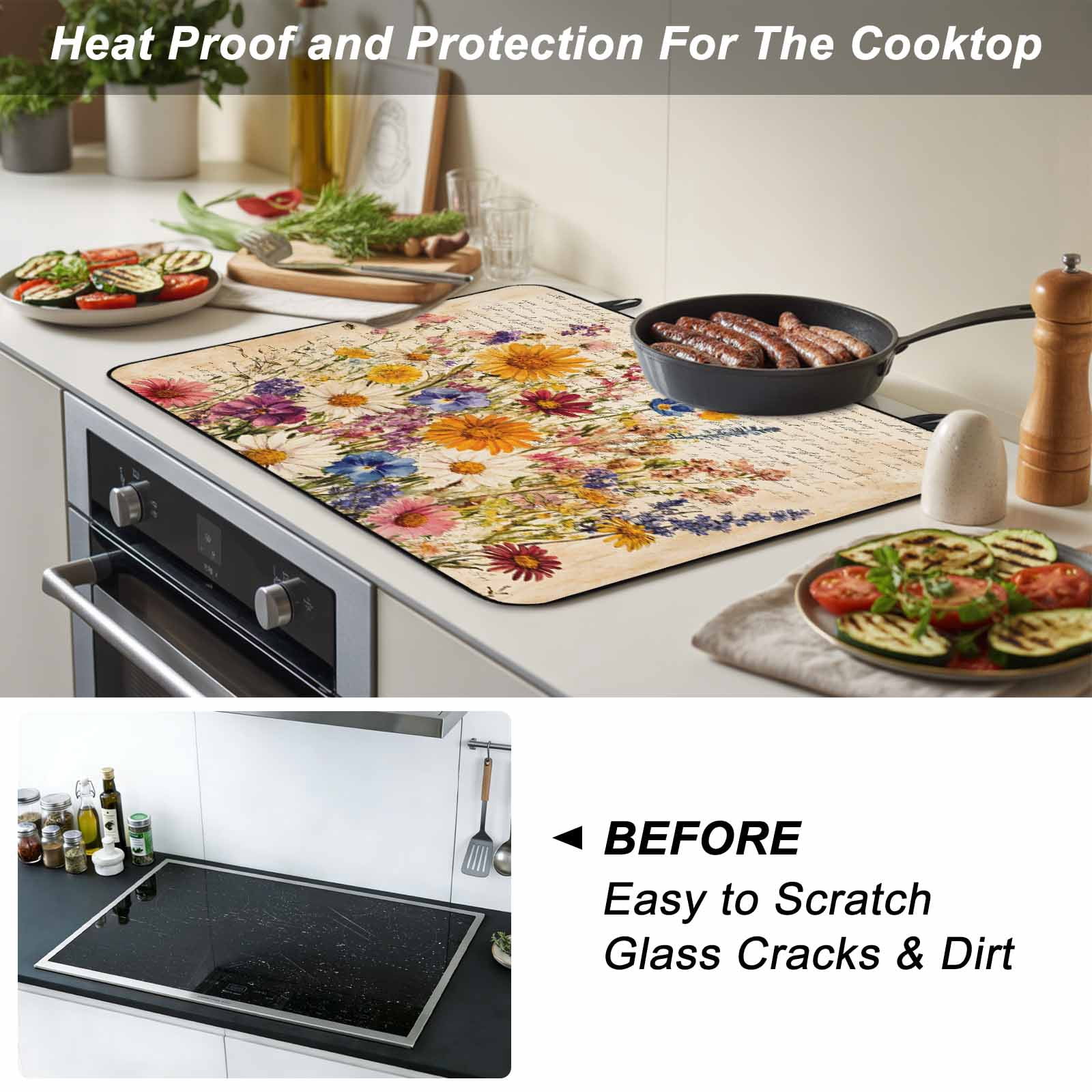 Spring Floral Stove Top Cover for Electric Stove, Heat-proof & Non Slip Glass Top Stove Cover Protector, Vintage Summer Botanical Flowers Kitchen Flat Cooktop Rubber Mat 24x21 Inches