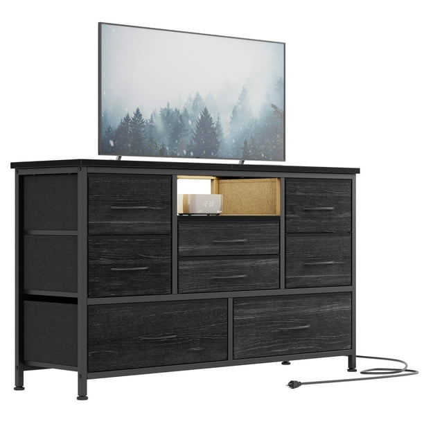 ChaoLink Cómoda para TV de 8 cajones con toma de corriente y luces LED para TV de 55", cómoda larga para dormitorio con 8 cajones profundos, mesa consola ancha para almacenamiento en armario
