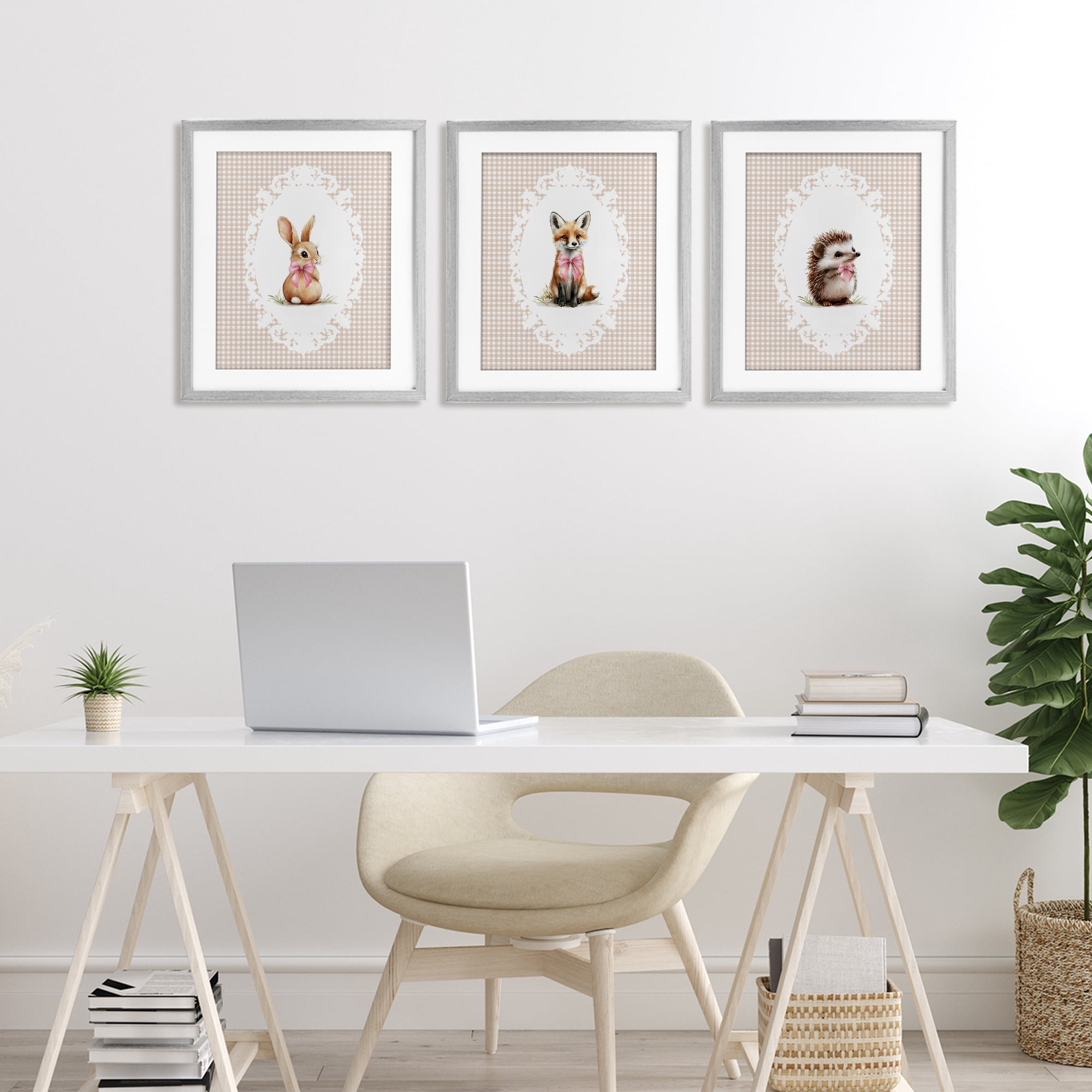 Stupell Industries Vintage Baby Bow Animals 3 Piece Gray Framed Print Under Glass Set, design by Christine Simpson Art