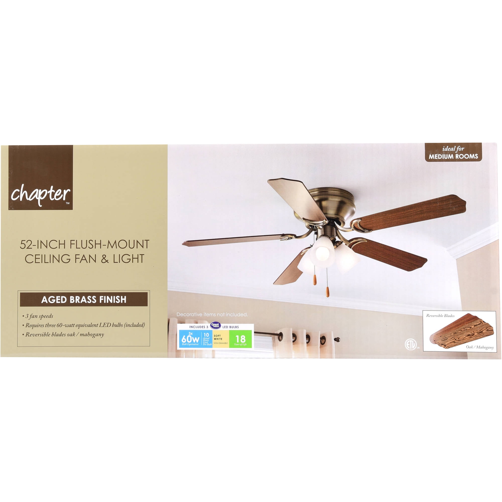 52 Chapter Ceiling Fan 3 Light Hugger Walmart Com