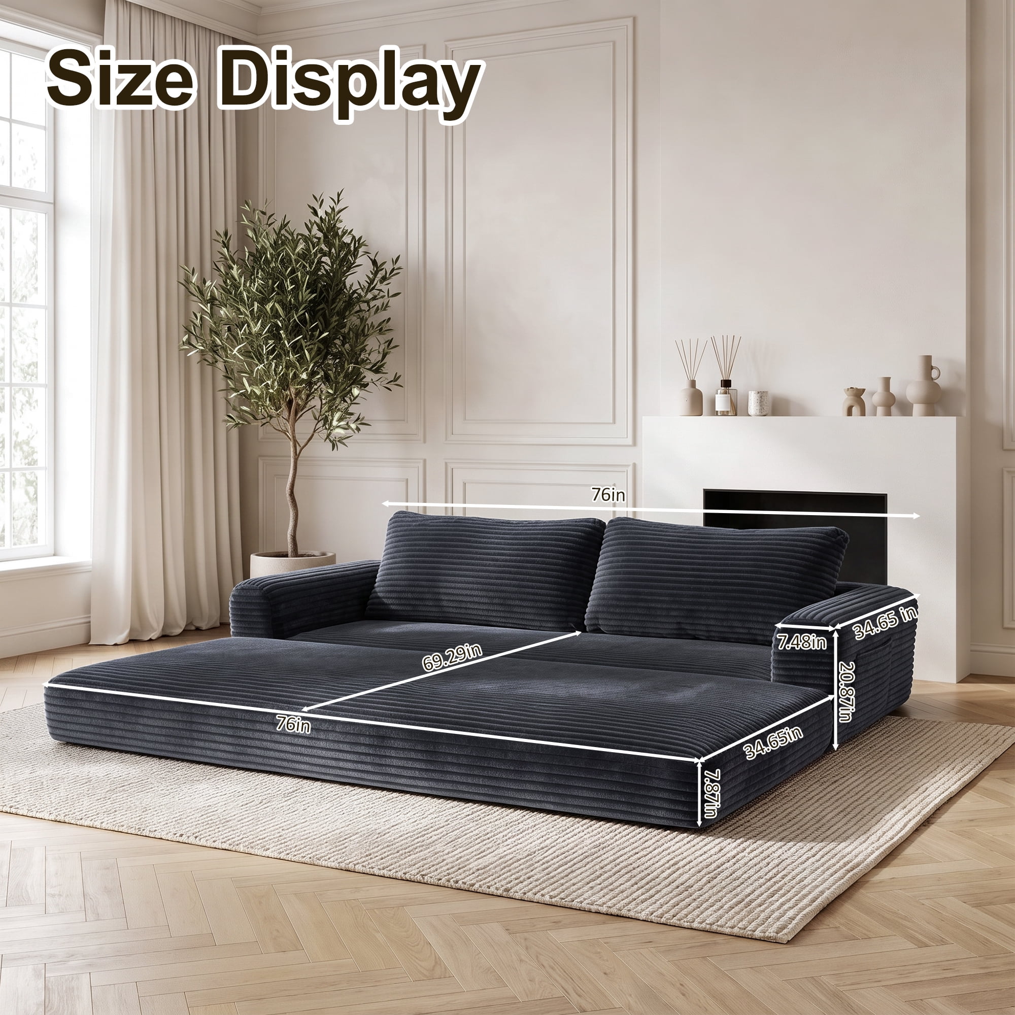76" Convertible Futon Sofa Bed,Folding Boneless Floor Couch with Deep Seat,Cloud Corduroy Fold Out Sleeper Sofa with Memory Foam Cushion for Living Room,Bedroom,Dark Gray
