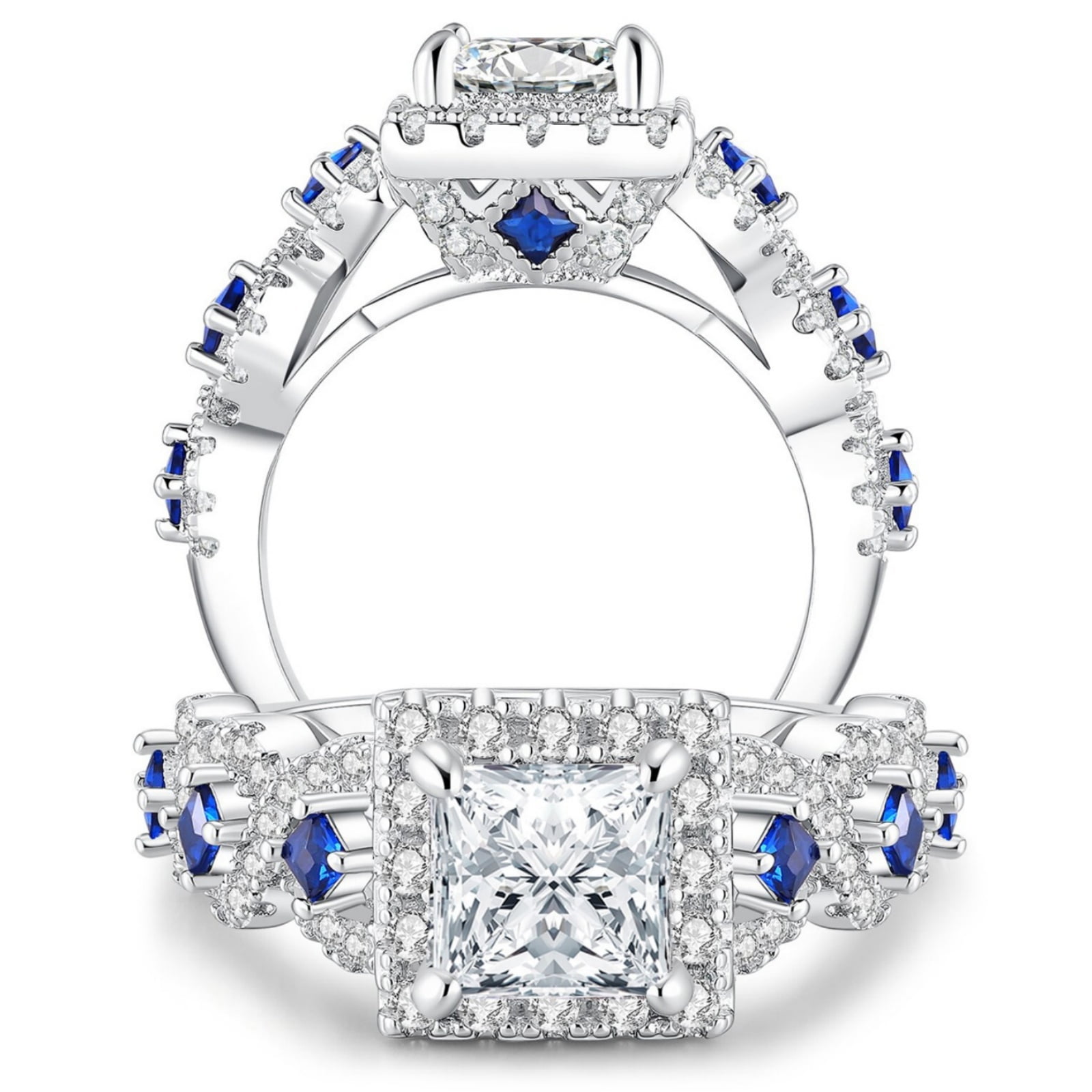 Flydeer Engagement Rings for Woman Princess Cut Sapphire Wedding Promise Ring Silver Plated Size 7