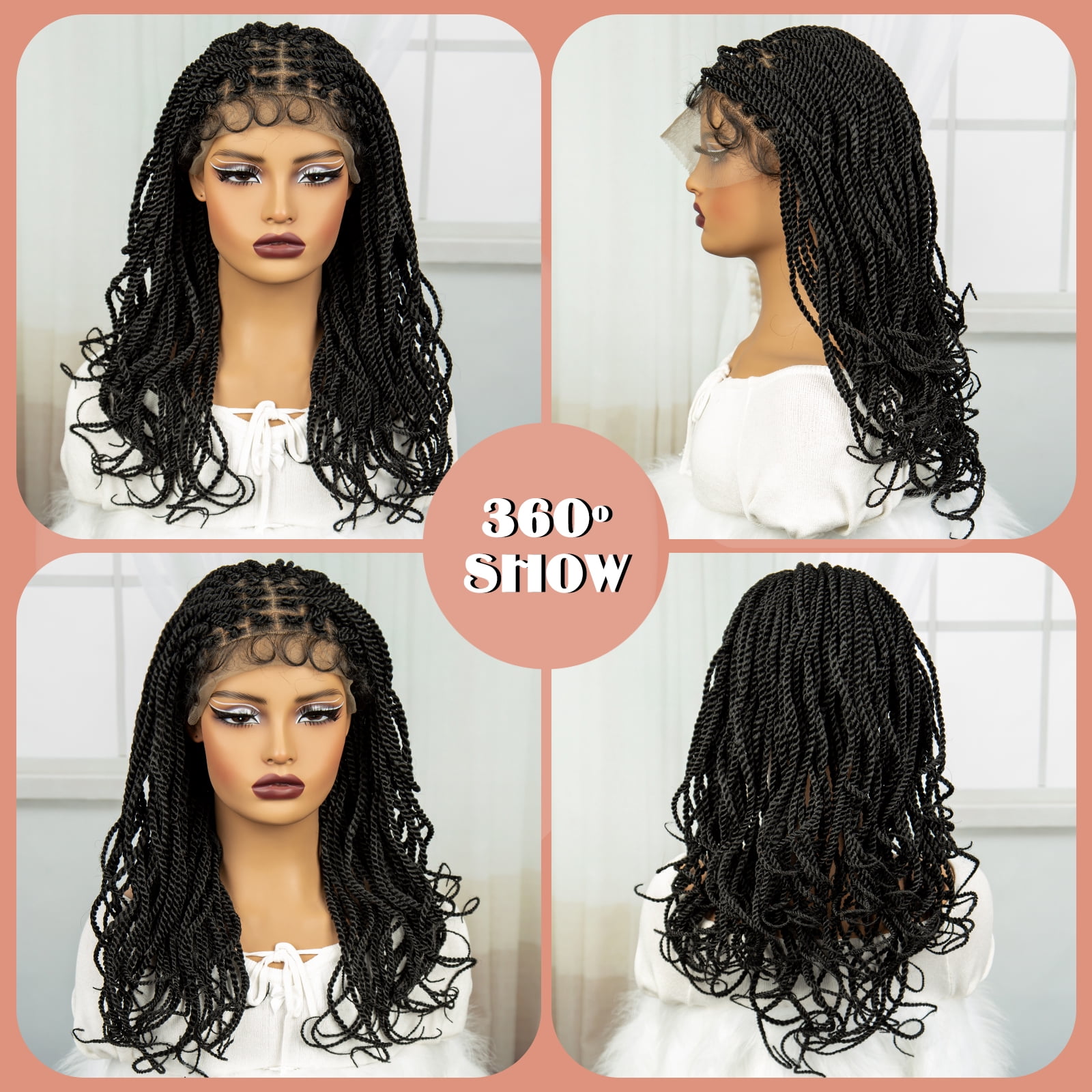 Twist Braided Wigs 20 Inches Lace Frontal Lightweight Synthetic Square Knotless Box Braids Wigs Curly Ends with Baby Hair for Women (1B Color)