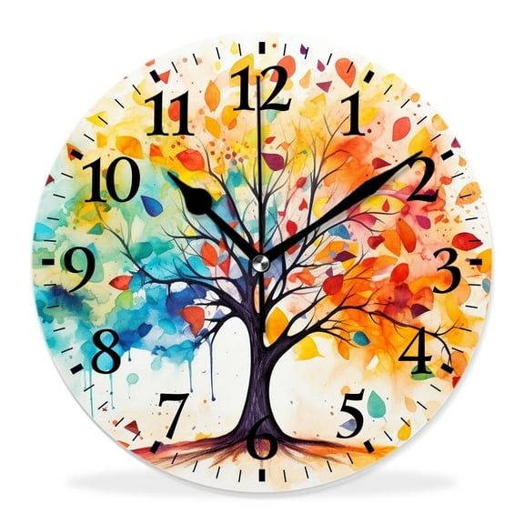 14 Inch Wall Clock Battery Operated Silent Clock Decorative for Office, Kitchen, Outdoor, Living Room，Watercolor Tree of Life Hand Painted Colorful Four Seasons Tree Picture