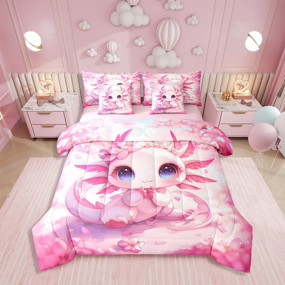 Erosebridal Kawaii Axolotl Bedding Set Twin Size Cartoon Sea Creature Comforter 7 Pieces Pink Cherry Blossoms Sheet Set Wildlife Animals Reptile Flat Sheet Bedroom Decor