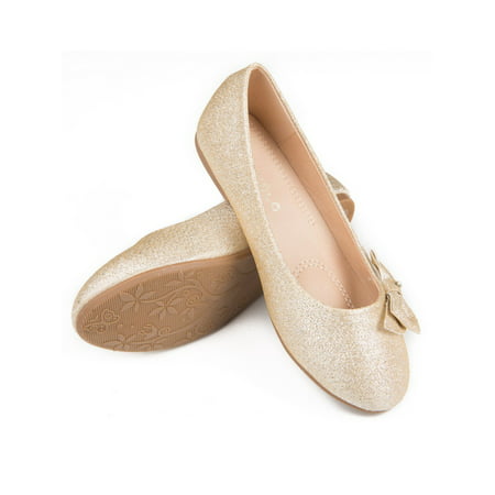 Pipiolo Girls Gold Glitter Bow Elastic Strap Mary Jane Shoes
