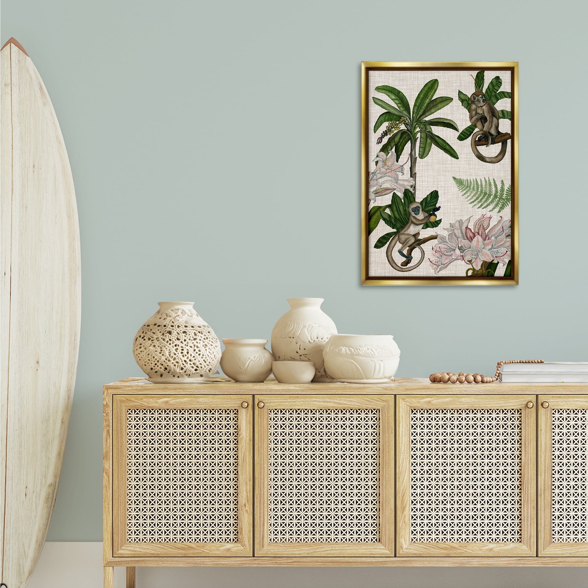Stupell Industries Tropical Monkey Studies Plants & Flowers Painting Gold Floater Framed Canvas Art Print Wall Art, 21 x 31