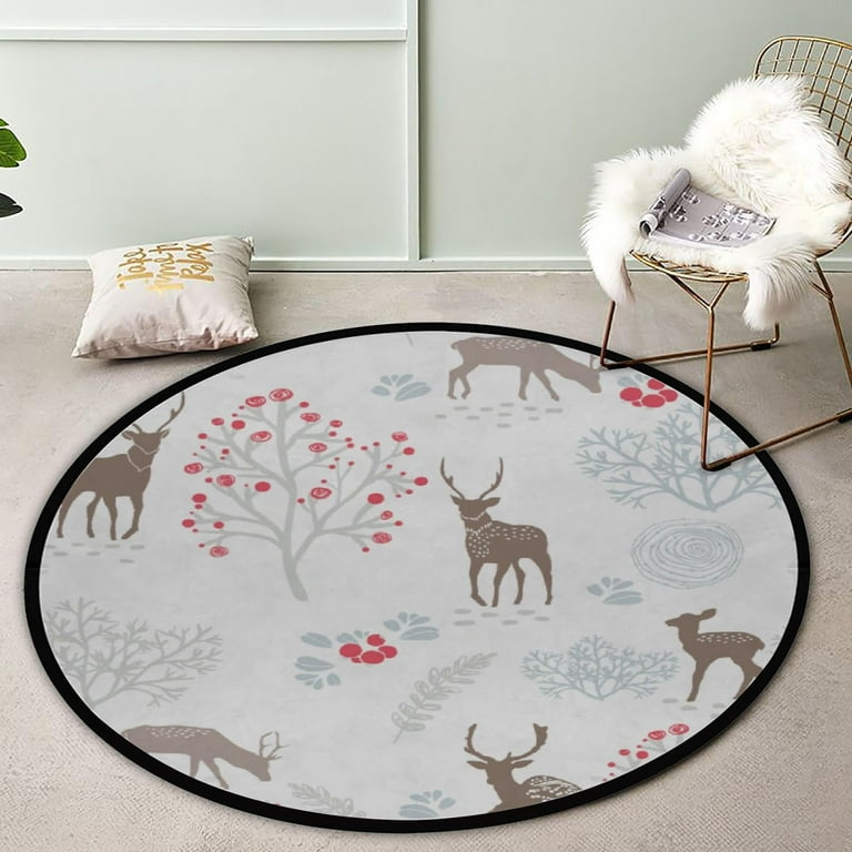 GZHJMY Kids Round Nursery Area Rug ft Deer in The Winter Forest