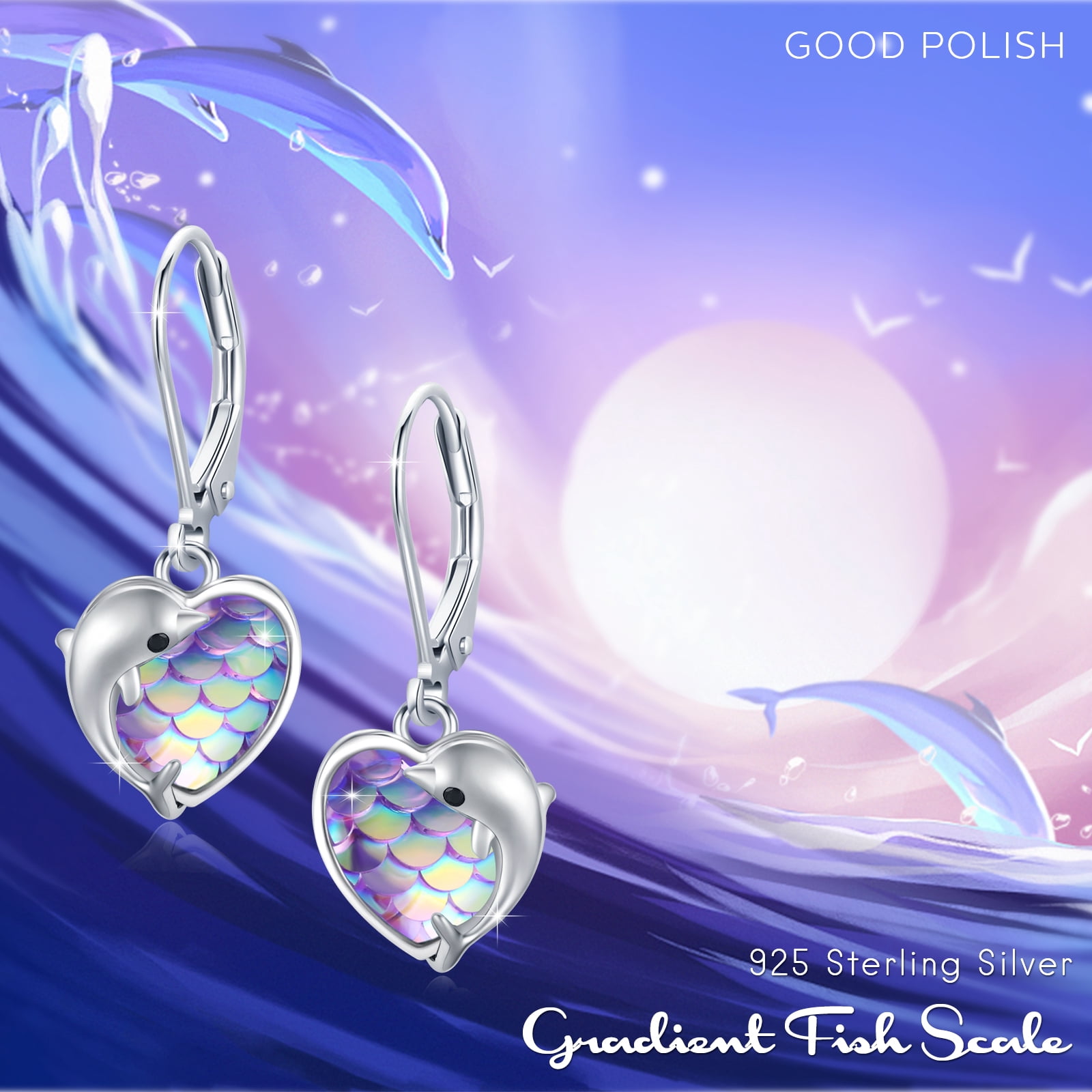 AOVEAO Dolphin Drop Dangle Earrings 925 Sterling Silver Lever Back Heart Fish Scales Earrings Fashion Jewelry Birthday Xmas Gift for Women Daughter Niece Mom Wife