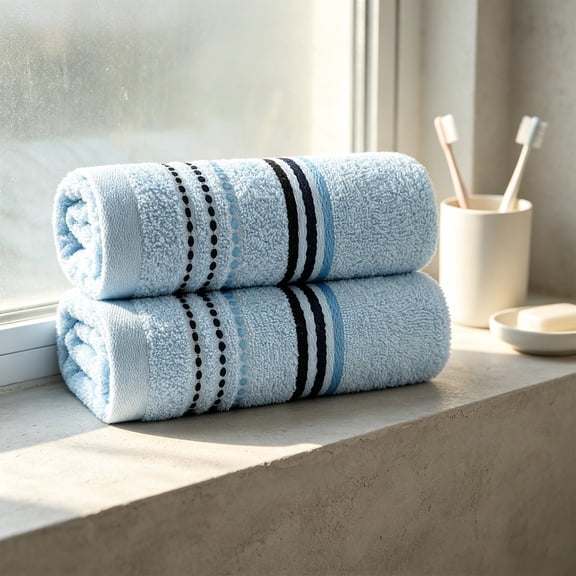 2Pcs Soft Absorbent Towel Set 丨 Light Blue Household Towels with Two‑Color Striped and Dot Patterned Edge, Breathable Quick Drying Bath Towels for Bathroom Daily Household Shower,28"x13"