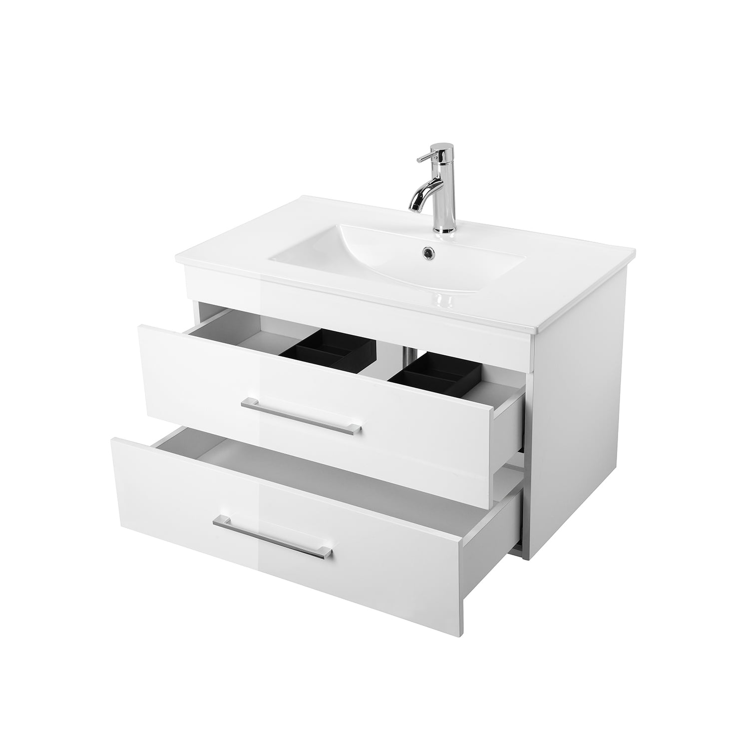Demi Bonn 32" Wall-Mounted Bathroom Vanity with Ceramic Sink, 2 Soft-Close Drawers and Aluminum Frame Mirror, Faucets and Drains Not Included, White